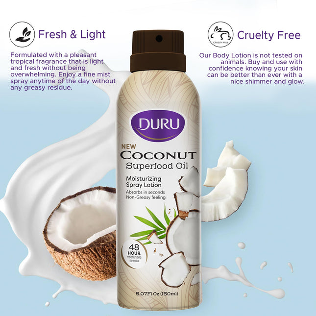 Duru Coconut Moisturizing Spray Lotion - Spray Moisturizer Coconut Oil Lotion 48 Hour Moisture Body Lotion