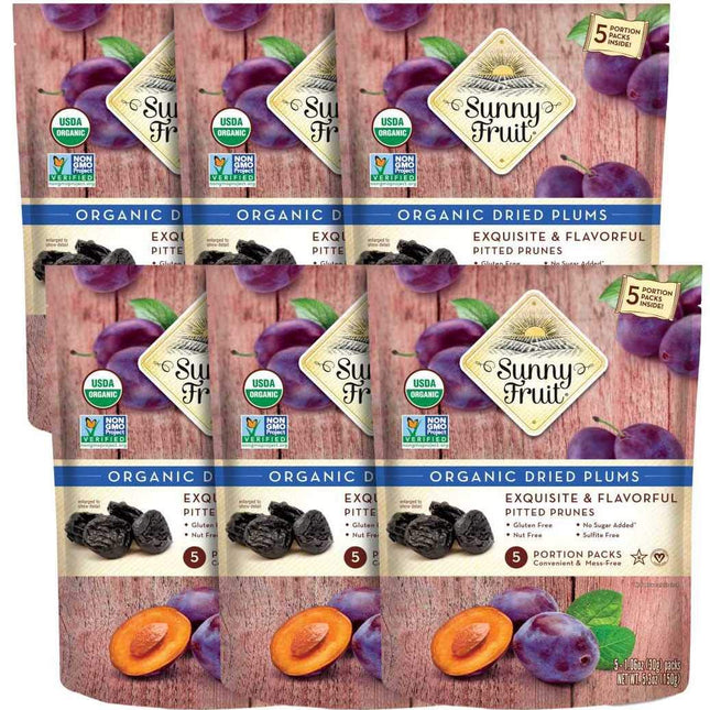 Sunny Fruit Soft Organic Prunes - 6 Bags (30 Individual Portion Packs) | Healthy, Convenient Dried Plums Snack Packs | ORGANIC, NON-GMO, VEGAN, HALAL, KOSHER, NO PRESERVATIVES, NO SUGAR ADDED
