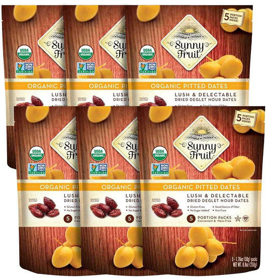 Sunny Fruit Organic Dried Pitted Deglet Nour Dates - 6 Bags (30 Individual Portion Packs)| Healthy, Convenient Superfood Snack Packs | ORGANIC, NON-GMO, HALAL, KOSHER, NO PRESERVATIVES, NO SUGAR ADDED