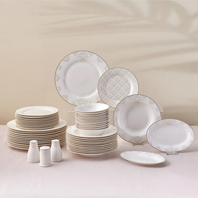 Karaca Siena Porcelain Plates and Bowls Set with Dinner &amp; Dessert Plates, Salt &amp; Pepper Shakers - Bone China Dishware Sets - Kitchen Dinnerware Set for 12 People (53-Piece, White Dish Set)