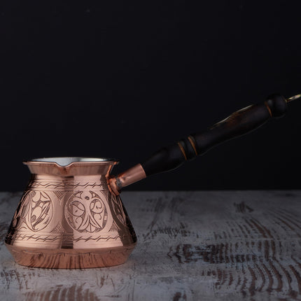 DEMMEX Thickest Copper Turkish Greek Arabic Coffee Pot, Stovetop Coffee Maker, Cezve Ibrik Briki with Wooden Handle &amp; Wooden Spoon, Hand Engraved (Copper, 15 fl Oz)