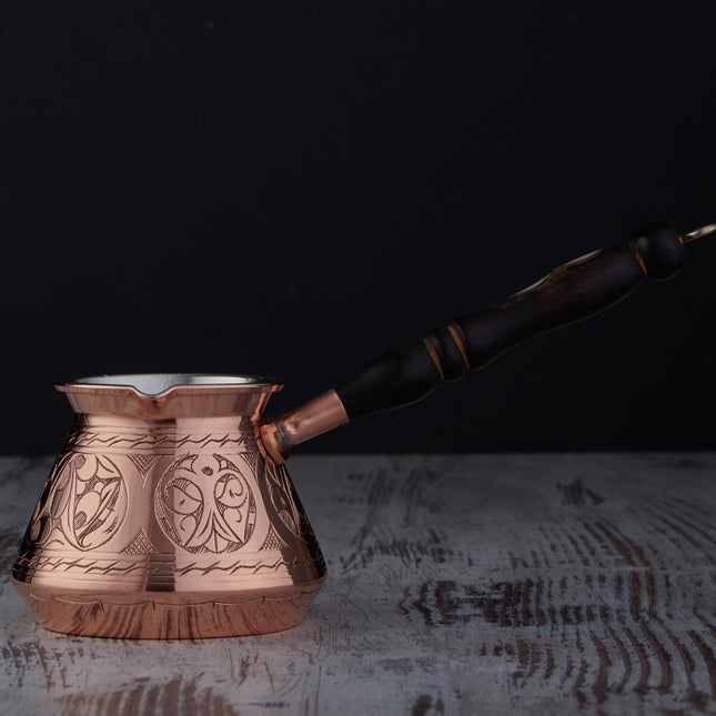 DEMMEX Thickest Copper Turkish Greek Arabic Coffee Pot, Stovetop Coffee Maker, Cezve Ibrik Briki with Wooden Handle &amp; Wooden Spoon, Hand Engraved (Copper, 15 fl Oz)