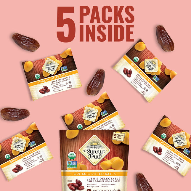 Sunny Fruit Organic Dried Pitted Deglet Nour Dates - 1 Bag (5 Individual Portion Packs) | Healthy, Convenient Superfood Snack Packs | ORGANIC, NON-GMO, HALAL, KOSHER, NO PRESERVATIVES, NO SUGAR ADDED