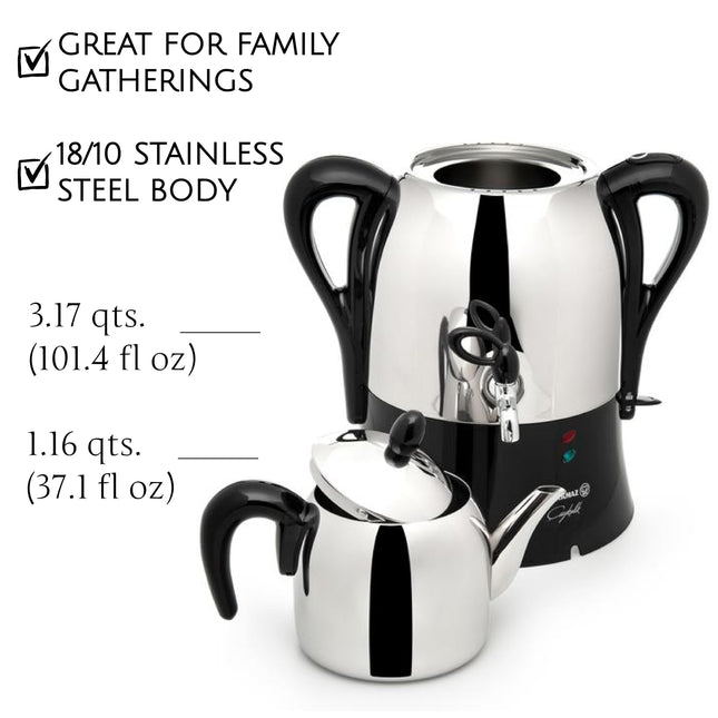 Korkmaz Caykolik A341-14 Stainless Steel Samovar, Upper Pot 1.1 L (37.1 Oz), Bottom Pot 3 L (101.4 Oz) Electric Turkish Tea Maker Set, Double Pots, Inox, Chrome, Black 110 V US Plug, 4.3- Quart