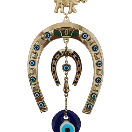 Erbulus Turkish Silver Horse Shoe Blue Evil Eye Wall Hanging Ornament with Elephant - Turkish Nazar Bead Amulet – Home Protection and Good Luck Charm Gift in a Box
