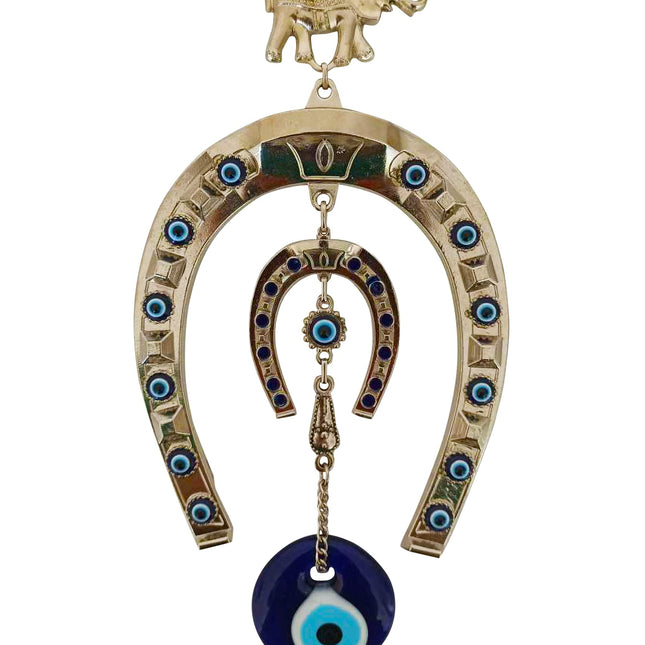 Erbulus Turkish Silver Horse Shoe Blue Evil Eye Wall Hanging Ornament with Elephant - Turkish Nazar Bead Amulet – Home Protection and Good Luck Charm Gift in a Box