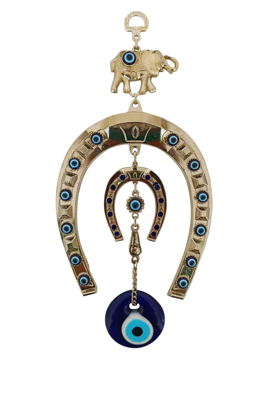 Erbulus Turkish Silver Horse Shoe Blue Evil Eye Wall Hanging Ornament with Elephant - Turkish Nazar Bead Amulet – Home Protection and Good Luck Charm Gift in a Box