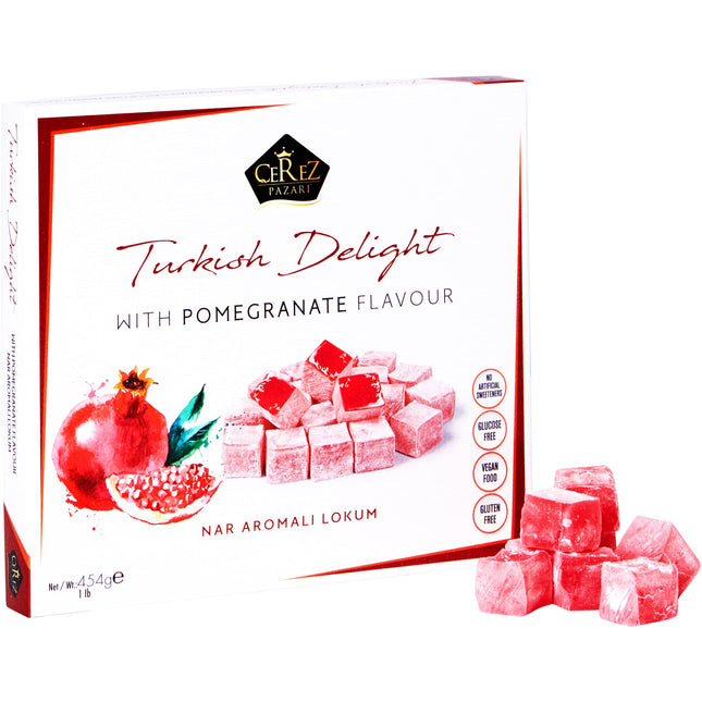 Turkish Delight Pomegranate Flavor, Gourmet Medium Size Snacks Gift Box, Sweet Luxury Traditional Confectionery, Vegan Soft Candy Dessert Loukoumi, Nuts & Glucose-Free Turkish Delight, Approx. 42Pcs, 16oz.
