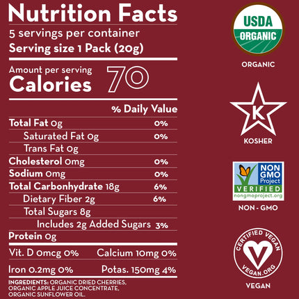 Sunny Fruit Soft Organic Dried Tart Cherries - 1 Bag (5 Individual Portion Packs) | Healthy, Convenient Snack Packs | ORGANIC, NON-GMO, VEGAN, HALAL, KOSHER, NO PRESERVATIVES