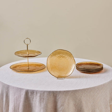 KARACA Dune Glass 7-Piece Dessert Set for 6 People, Cake Stand, Side Plate, Brown