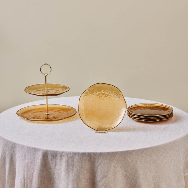 KARACA Dune Glass 7-Piece Dessert Set for 6 People, Cake Stand, Side Plate, Brown