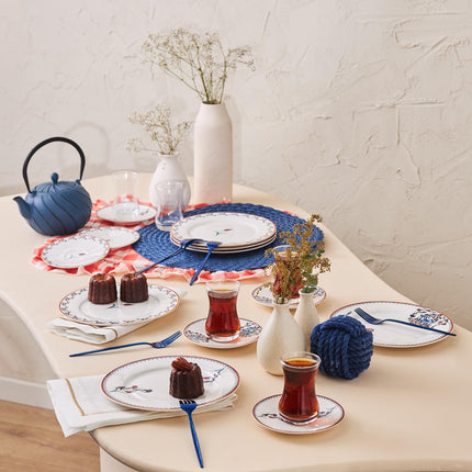 Karaca Nakkas Turkish Teacups &amp; Appetizer Plate Set for 6 People - Colorful Dessert Plates (7.4"), Small Turkish Tea Glasses with Saucers - 18 Piece Glass Tea Cups &amp; Porcelain Dish Set