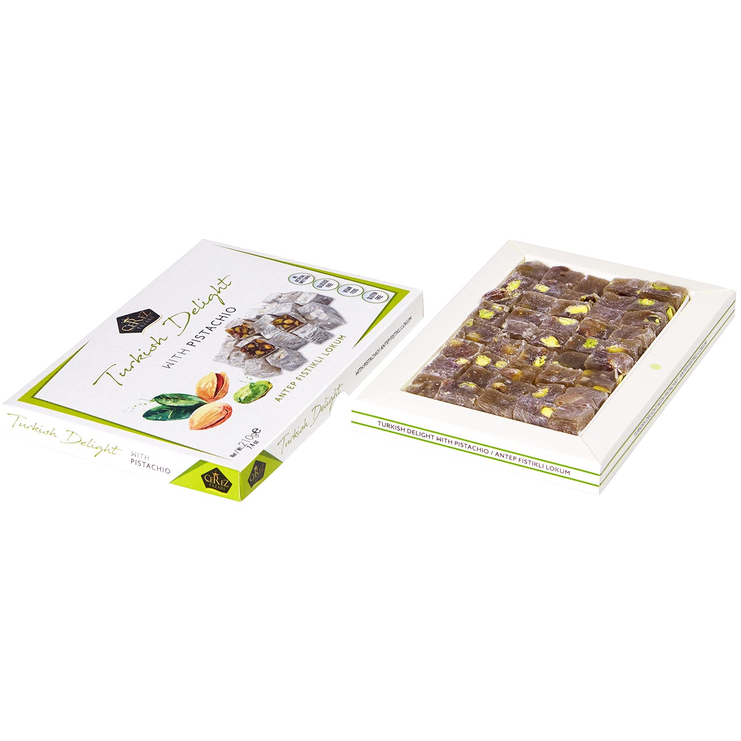 Cerez Pazari Turkish Delight Pistachio Candy, Gourmet Premium Vegan Sweets Small Gift Box, Luxury Traditional Confectionery Loukoumi, Soft Candy Dessert Glucose-Free Lokum, 7.4 oz.