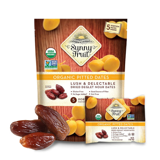 Sunny Fruit Organic Dried Pitted Deglet Nour Dates - 1 Bag (5 Individual Portion Packs) | Healthy, Convenient Superfood Snack Packs | ORGANIC, NON-GMO, HALAL, KOSHER, NO PRESERVATIVES, NO SUGAR ADDED