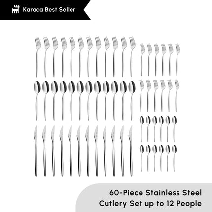 Karaca Lisbon 60-Piece Cutlery Set for 12 People -18/10 Stainless Steel, Dinnerware Tableware Silverware Service, includes Forks, Spoons, knives, forks, Teaspoons, Mirror Polished, Dishwasher Safe
