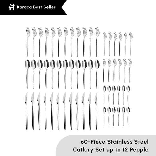 Karaca Lisbon 60-Piece Cutlery Set for 12 People -18/10 Stainless Steel, Dinnerware Tableware Silverware Service, includes Forks, Spoons, knives, forks, Teaspoons, Mirror Polished, Dishwasher Safe