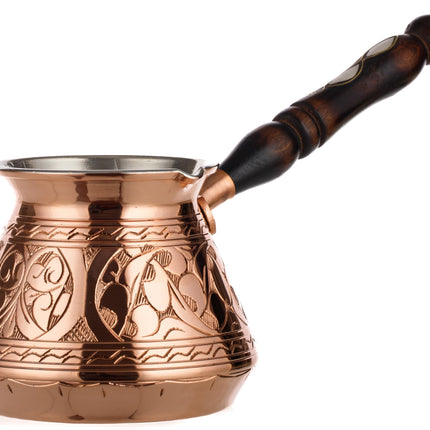 DEMMEX Thickest Copper Turkish Greek Arabic Coffee Pot, Stovetop Coffee Maker, Cezve Ibrik Briki with Wooden Handle &amp; Wooden Spoon, Hand Engraved (Copper, 15 fl Oz)