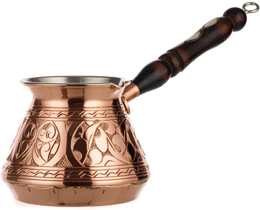 DEMMEX Thickest Copper Turkish Greek Arabic Coffee Pot, Stovetop Coffee Maker, Cezve Ibrik Briki with Wooden Handle & Wooden Spoon, Hand Engraved (Copper, 15 fl Oz)