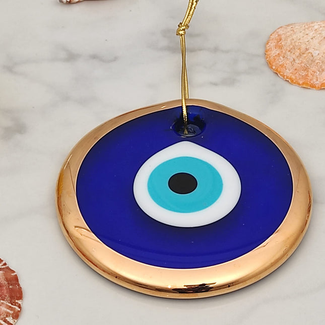 Erbulus 3.5" Glass Blue Evil Eye Wall Hanging Gold Ornament - Turkish Nazar Bead - Home Protection Charm - Gold Wall Decor Amulet in a Box (Medium)
