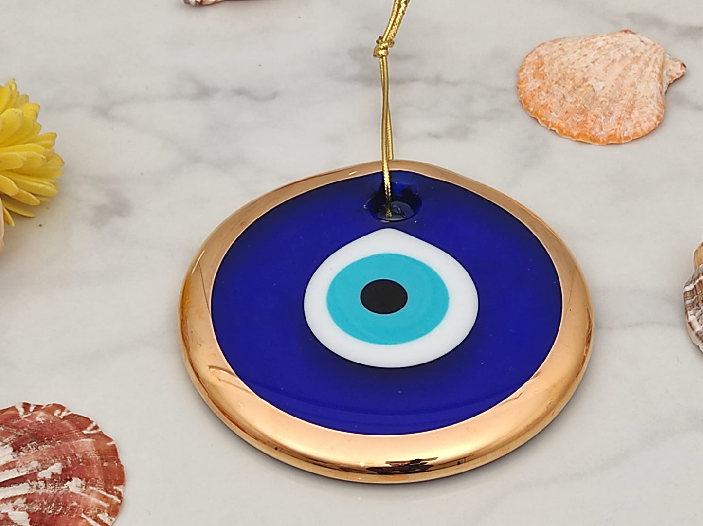 Erbulus 3.5" Glass Blue Evil Eye Wall Hanging Gold Ornament - Turkish Nazar Bead - Home Protection Charm - Gold Wall Decor Amulet in a Box (Medium)