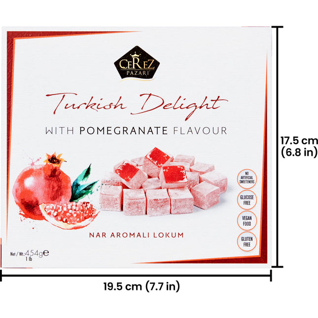 Turkish Delight Pomegranate Flavor, Gourmet Medium Size Snacks Gift Box, Sweet Luxury Traditional Confectionery, Vegan Soft Candy Dessert Loukoumi, Nuts &amp; Glucose-Free Turkish Delight, Approx. 42Pcs, 16oz.