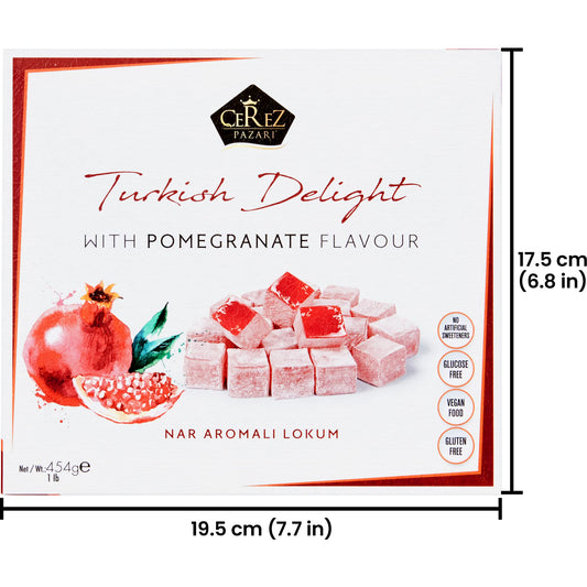 Turkish Delight Pomegranate Flavor, Gourmet Medium Size Snacks Gift Box, Sweet Luxury Traditional Confectionery, Vegan Soft Candy Dessert Loukoumi, Nuts & Glucose-Free Lokum, Approx. 42 Pcs, 16 oz.
