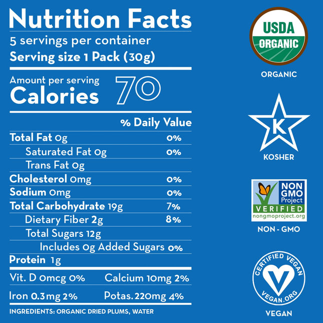 Sunny Fruit Soft Organic Prunes - 6 Bags (30 Individual Portion Packs) | Healthy, Convenient Dried Plums Snack Packs | ORGANIC, NON-GMO, VEGAN, HALAL, KOSHER, NO PRESERVATIVES, NO SUGAR ADDED