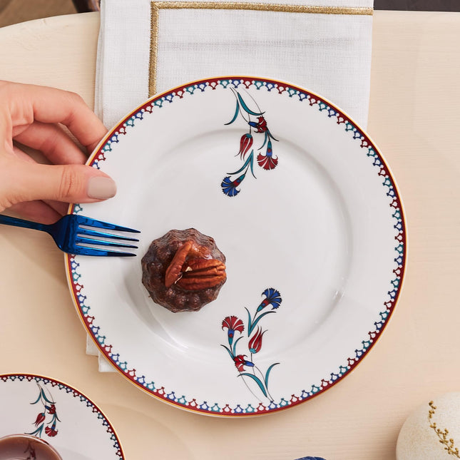 Karaca Nakkas Turkish Teacups & Appetizer Plate Set for 6 People - Colorful Dessert Plates (7.4"), Small Turkish Tea Glasses with Saucers - 18 Piece Glass Tea Cups & Porcelain Dish Set