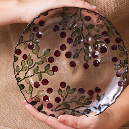 KARACA Berry 11" Cake Stand and Dessert Plates Set for 6 People - Glass, Round &amp; Berry Pattern - Large Side Plates for Tea Party - Ideal for Serving Cupcakes, Donuts, and More (7 Pieces)