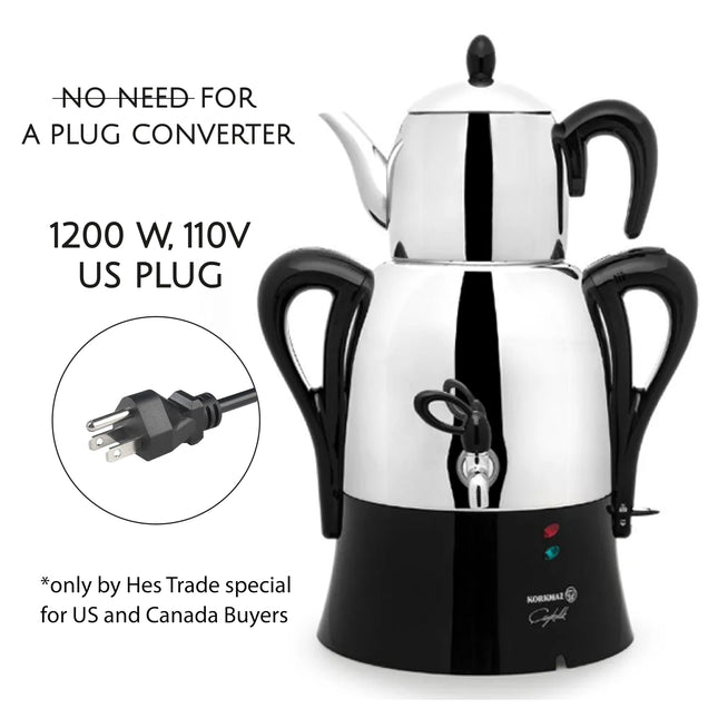 Korkmaz Caykolik A341-14 Stainless Steel Samovar, Upper Pot 1.1 L (37.1 Oz), Bottom Pot 3 L (101.4 Oz) Electric Turkish Tea Maker Set, Double Pots, Inox, Chrome, Black 110 V US Plug, 4.3- Quart