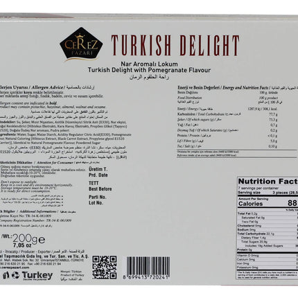 Cerez Pazari Turkish Delight with Pomegranate Flavor 200 gr Gourmet Small Size Snacks Gift Box No Nuts Sweet Luxury Traditional Confectionery Vegan Candy Dessert Glucose Free Turkish Delight Approx.18 Pcs