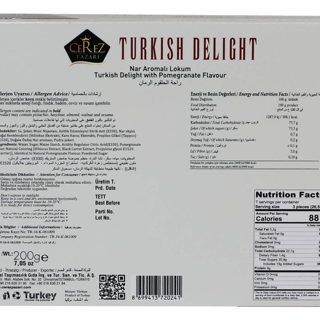 Cerez Pazari Turkish Delight with Pomegranate Flavor 200 gr Gourmet Small Size Snacks Gift Box No Nuts Sweet Luxury Traditional Confectionery Vegan Candy Dessert Glucose Free Turkish Delight Approx.18 Pcs