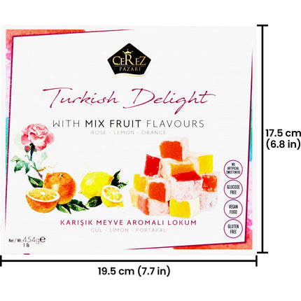 Cerez Pazari Turkish Delight With Rose, Orange, &amp; Lemon Flavors, Gourmet Medium Size Snacks Gift Box, Traditional Confectionery Loukoumi, Vegan Candy Dessert Turkish Delight, No Nuts, 16 oz.
