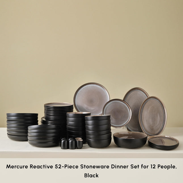 Karaca Mercure Stoneware Plates and Bowls Set, Reactive Glaze Black Dinner Set, Complete Kitchen Tableware Collection, Ideal Dinnerware for 12 People Dining Experience, Dishwasher Safe, 59 Piece