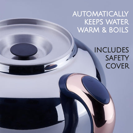 Korkmaz Hanedan A843-04 Stainless Steel Samovar, Upper Pot 1.3 L (43.9 Oz), Bottom Pot 3.5 L (118.3 Oz) Electric Turkish Tea Maker Set, Double Pots Tea Machine, Inox, Rosegold, 110 V US Plug, 5.1-Quart