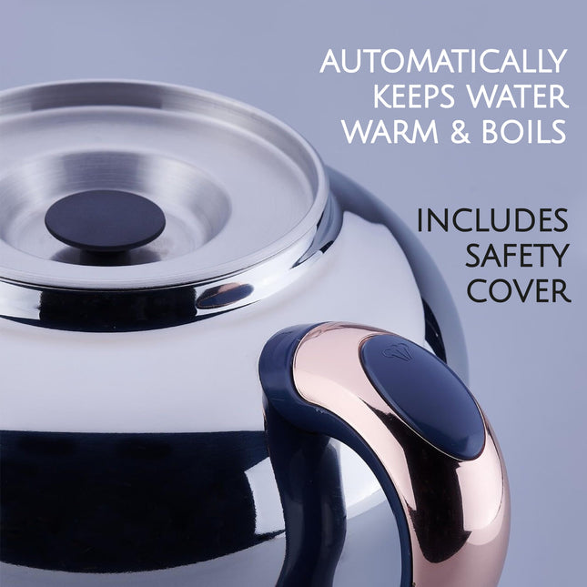 Korkmaz Hanedan A843-04 Stainless Steel Samovar, Upper Pot 1.3 L (43.9 Oz), Bottom Pot 3.5 L (118.3 Oz) Electric Turkish Tea Maker Set, Double Pots Tea Machine, Inox, Rosegold, 110 V US Plug, 5.1-Quart
