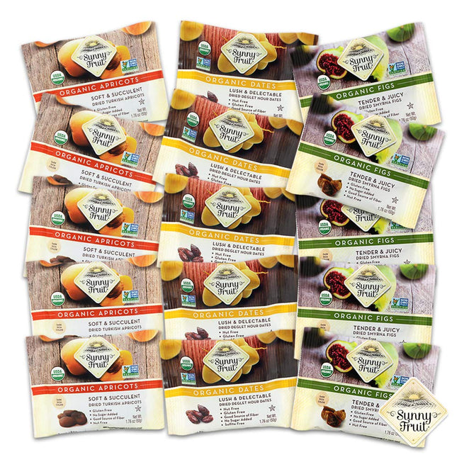 Sunny Fruit Organic Dried Fruit Assortment - Dates, Figs & Apricots Variety, 3 Bags (15 Individual Portion Packs) | ORGANIC, NON-GMO, VEGAN, HALAL, KOSHER, NO PRESERVATIVES, NO SUGAR ADDED