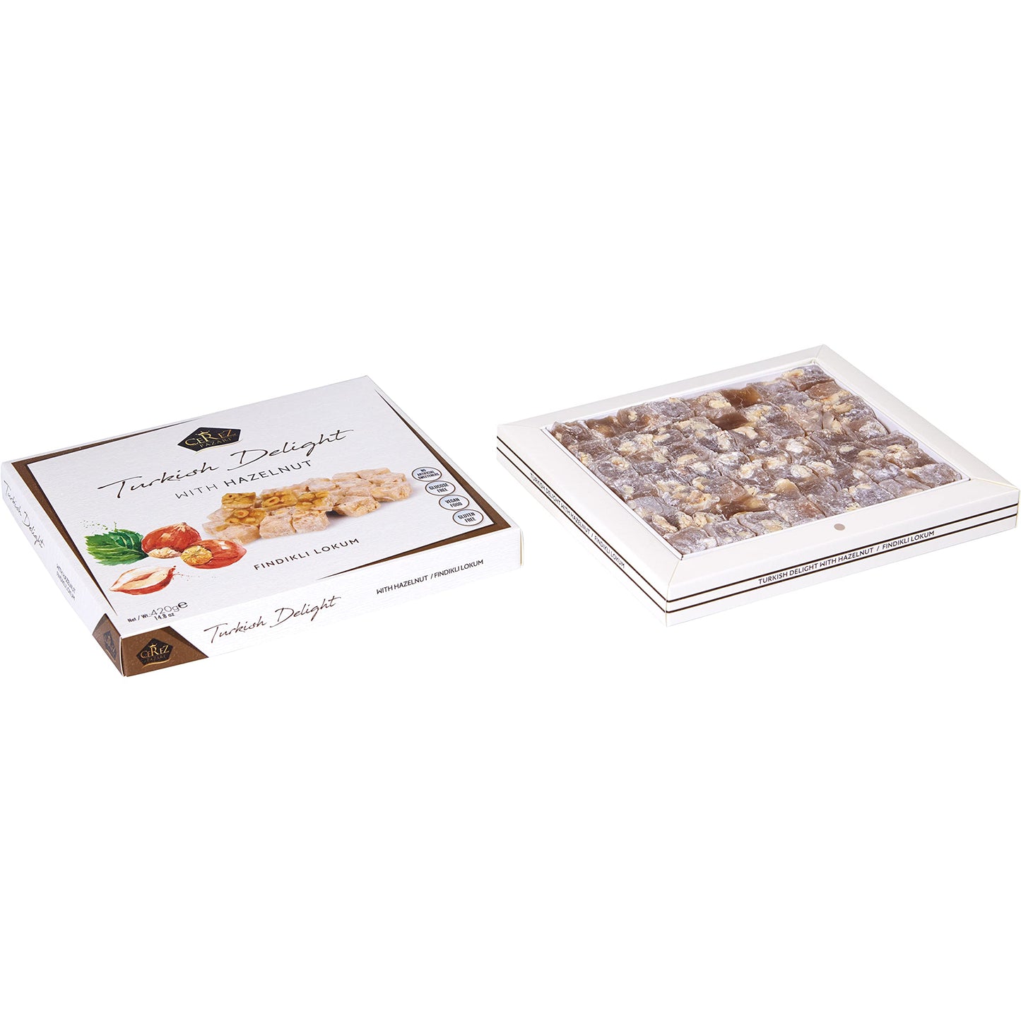 Cerez Pazari Turkish Delight Hazelnut Candy Gourmet Premium Vegan Sweets Medium Gift Box 14.8oz | Sweet Luxury Traditional Confectionery Soft Candy Dessert Glucose Free Lokum (Loukoumi) | Apprx.42 Pcs