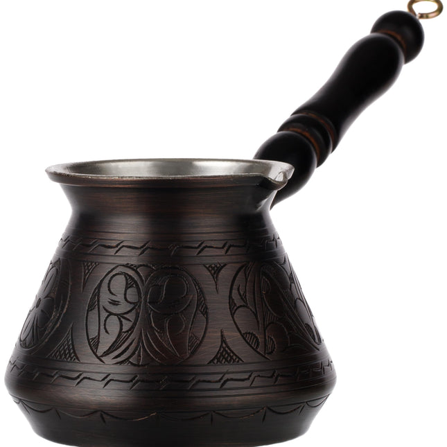 DEMMEX Thickest Copper Turkish Greek Arabic Coffee Pot, Stovetop Coffee Maker, Cezve Ibrik Briki with Wooden Handle &amp; Wooden Spoon, Hand Engraved (Antique Copper, 15 fl Oz)