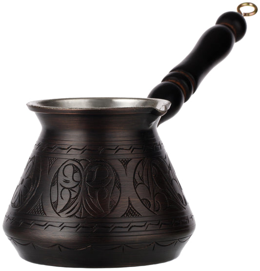 DEMMEX Thickest Copper Turkish Greek Arabic Coffee Pot, Stovetop Coffee Maker, Cezve Ibrik Briki with Wooden Handle & Wooden Spoon, Hand Engraved (Antique Copper, 15 fl Oz)