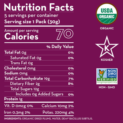 Sunny Fruit Organic Probiotic Prunes - 6 Bags (30 Individual Portion Packs) | Dried Plums Snack Packs with Live Probiotics | ORGANIC, NON-GMO, KOSHER, HALAL, NO PRESERVATIVES, NO SUGAR ADDED