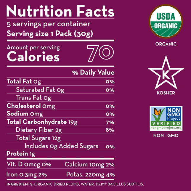 Sunny Fruit Organic Probiotic Prunes - 1 Bag (5 Individual Portion Packs) | Convenient Dried Plums Snack with Live Probiotics | ORGANIC, NON-GMO, KOSHER, HALAL, NO PRESERVATIVES, NO SUGAR ADDED