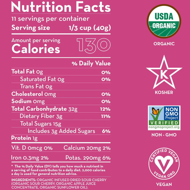 Sunny Fruit Soft Organic Dried Tart Cherries, 16 Ounce Bulk Bag | Healthy, Sweet Snack | ORGANIC, NON-GMO, VEGAN, HALAL, KOSHER, NO PRESERVATIVES
