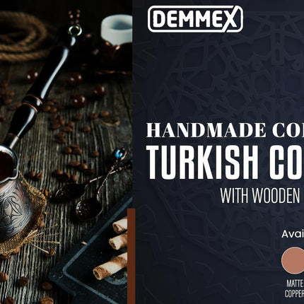 DEMMEX Thickest Copper Turkish Greek Arabic Coffee Pot, Stovetop Coffee Maker, Cezve Ibrik Briki with Wooden Handle &amp; Wooden Spoon, Hand Engraved (Antique Copper, 15 fl Oz)