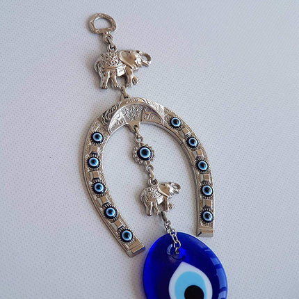 Erbulus Turkish Silver Horse Shoe Blue Evil Eye Wall Hanging Ornament with Elephant - Turkish Nazar Bead Amulet – Home Protection and Good Luck Charm Gift in a Box