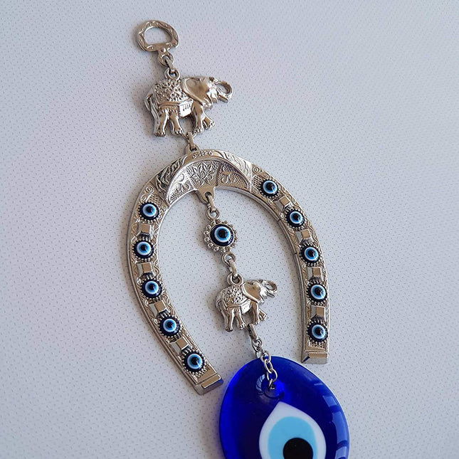 Erbulus Turkish Silver Horse Shoe Blue Evil Eye Wall Hanging Ornament with Elephant - Turkish Nazar Bead Amulet – Home Protection and Good Luck Charm Gift in a Box