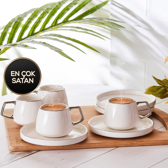 KARACA Saturn Platin Turkish Coffee Cup Set for 6 People - 12 Piece White Cups with Saucers - Small Porcelain Modern Set - Ideal for Serving Greek, Arabic Coffee &amp; Espresso (3.3 fl oz)