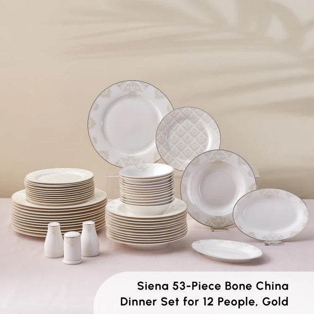 Karaca Siena Porcelain Plates and Bowls Set with Dinner &amp; Dessert Plates, Salt &amp; Pepper Shakers - Bone China Dishware Sets - Kitchen Dinnerware Set for 12 People (53-Piece, White Dish Set)