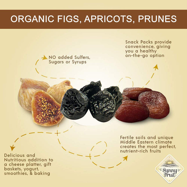 Sunny Fruit Organic Dried Fruit Assortment - Prunes, Figs &amp; Apricots Variety, 3 Bags (15 Individual Portion Packs) | ORGANIC, NON-GMO, VEGAN, HALAL, KOSHER, NO PRESERVATIVES, NO SUGAR ADDED