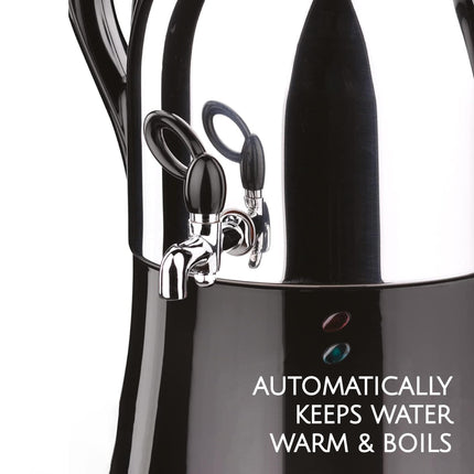 Korkmaz Caykolik A341-14 Stainless Steel Samovar, Upper Pot 1.1 L (37.1 Oz), Bottom Pot 3 L (101.4 Oz) Electric Turkish Tea Maker Set, Double Pots, Inox, Chrome, Black 110 V US Plug, 4.3- Quart